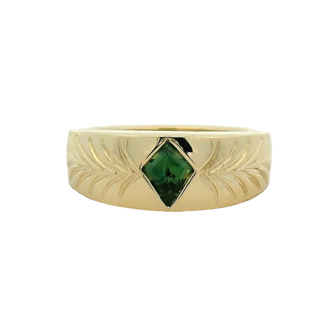 Yellow Gold Green Sapphire Ring with Engraved Leaf Motif