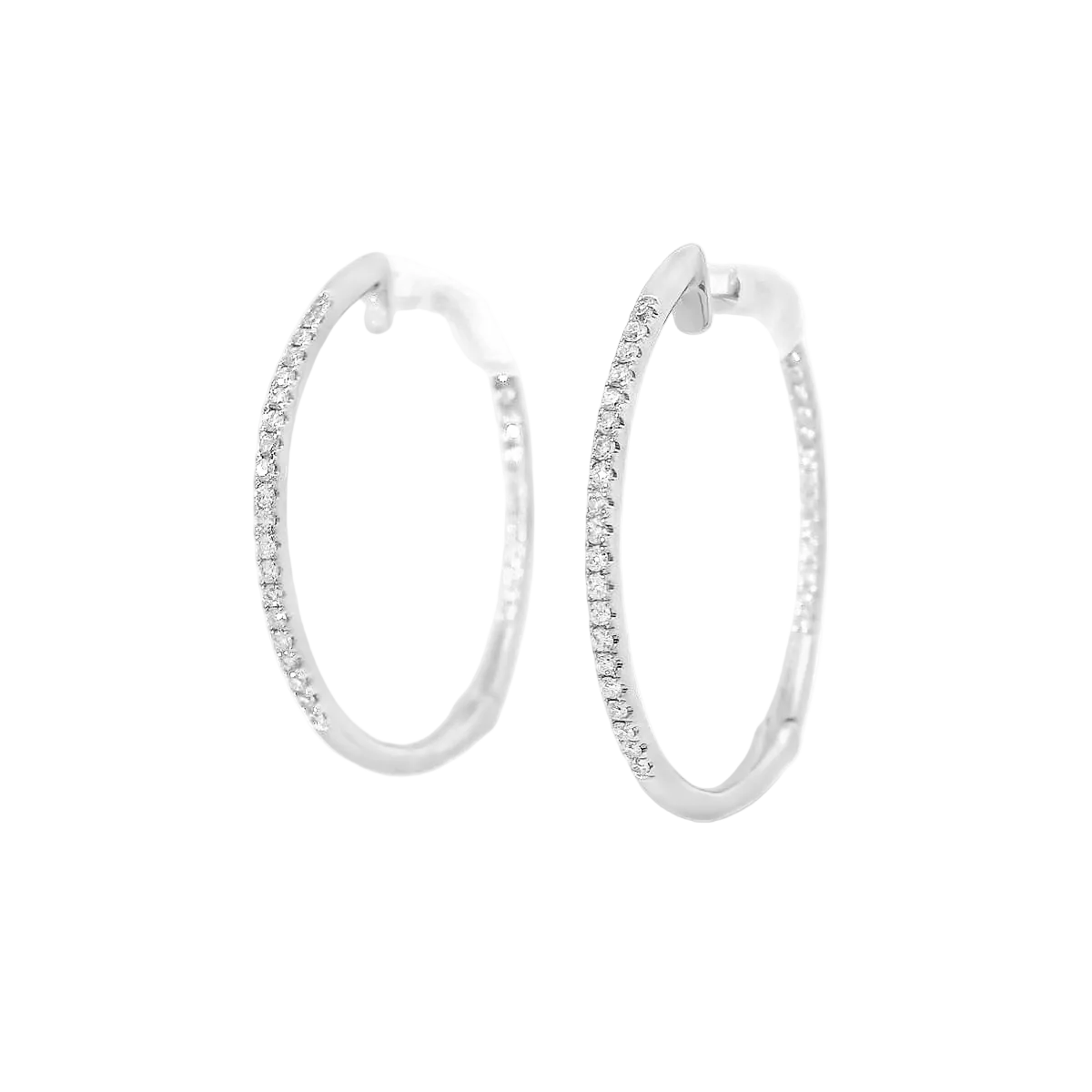 White Gold Plated Silver Hoop Earrings with Round Cut Diamonds