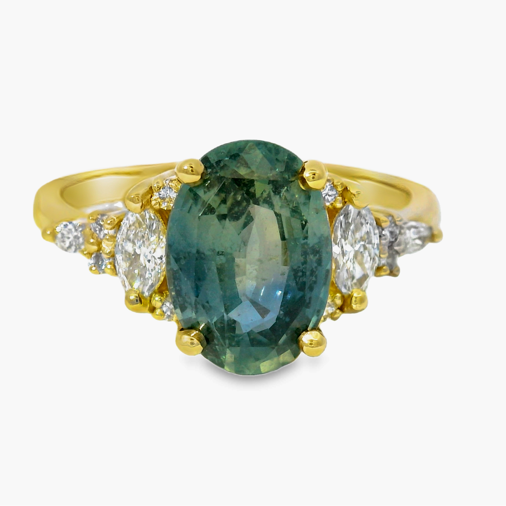 Yellow Gold Multistone Ring with Emerald Green Sapphire