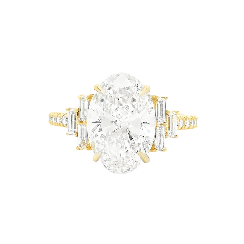Yellow Gold Oval Diamond Ring with Stepped Baguette Accents
