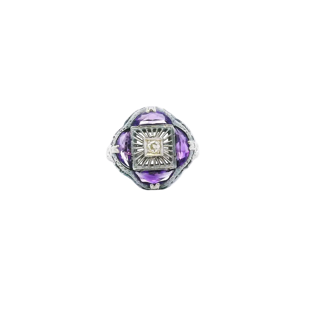 Vintage 14KWG Amethyst & Diamond Filigree Ring