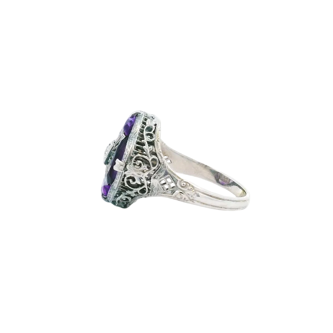 Vintage 14KWG Amethyst & Diamond Filigree Ring