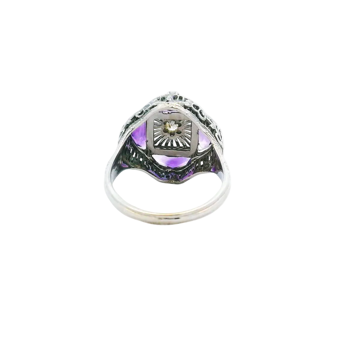 Vintage 14KWG Amethyst & Diamond Filigree Ring