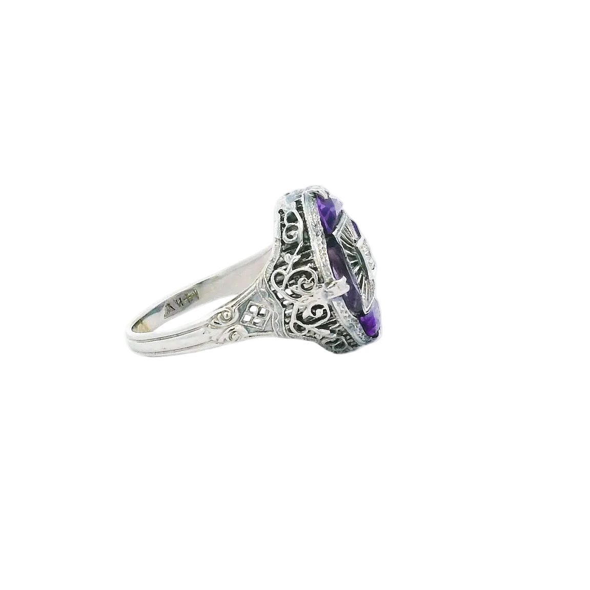 Vintage 14KWG Amethyst & Diamond Filigree Ring