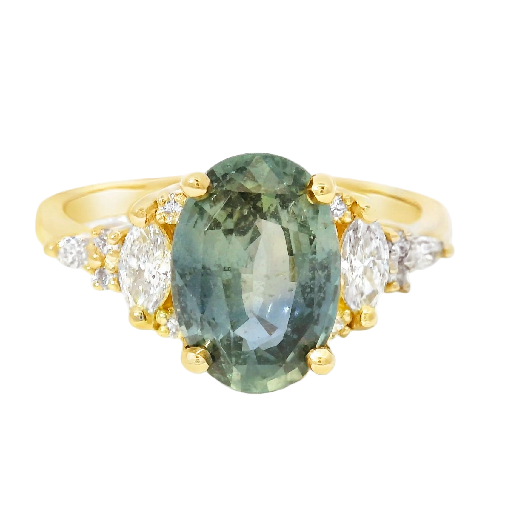 Yellow Gold Multistone Ring with Emerald Green Sapphire