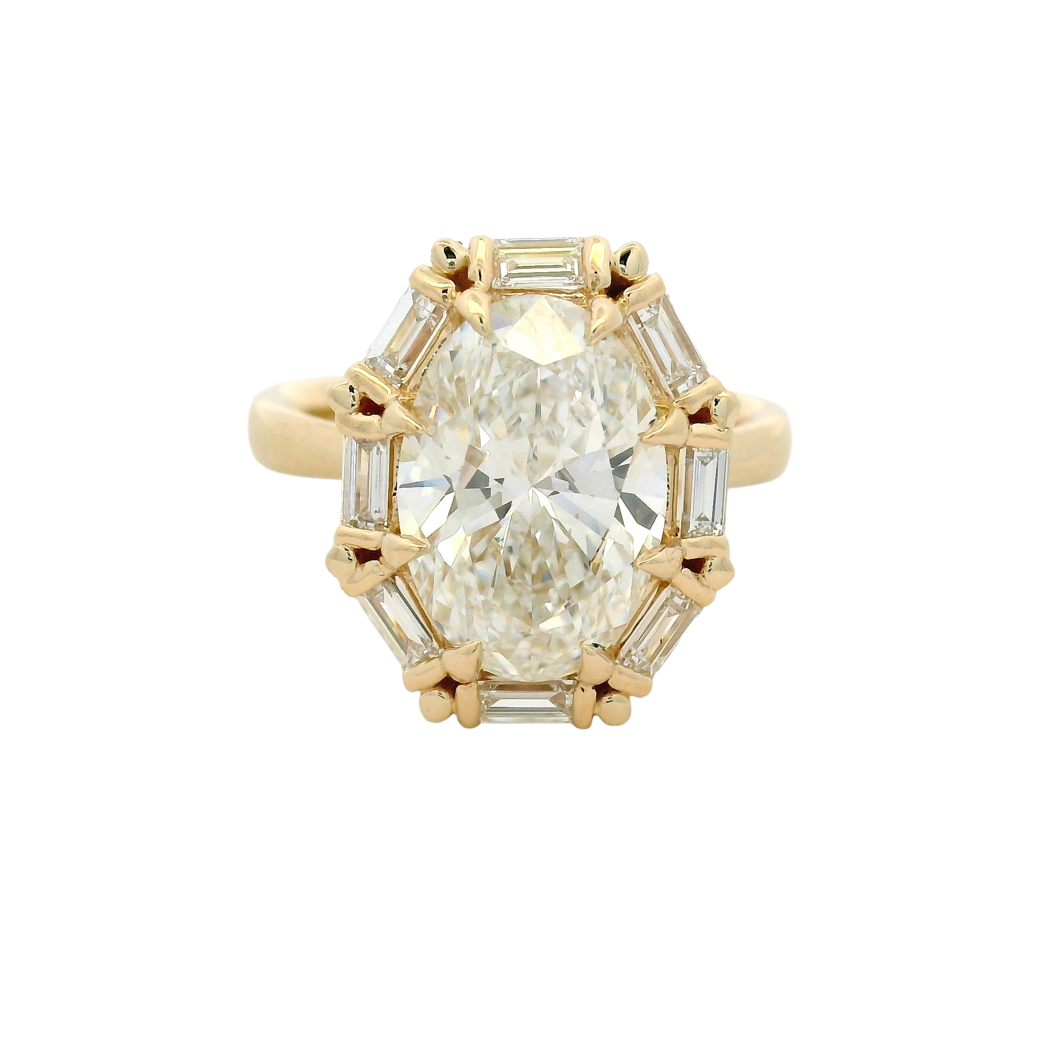 Oval Diamond Baguette Halo Ring in Yellow Gold