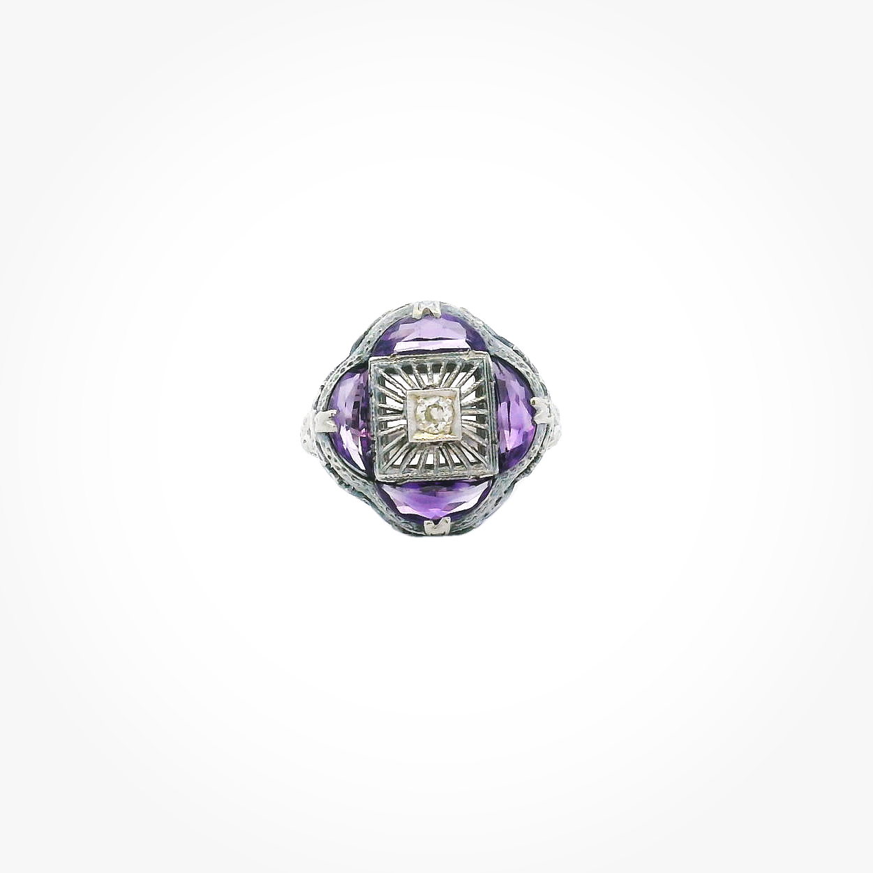 Vintage 14KWG Amethyst & Diamond Filigree Ring