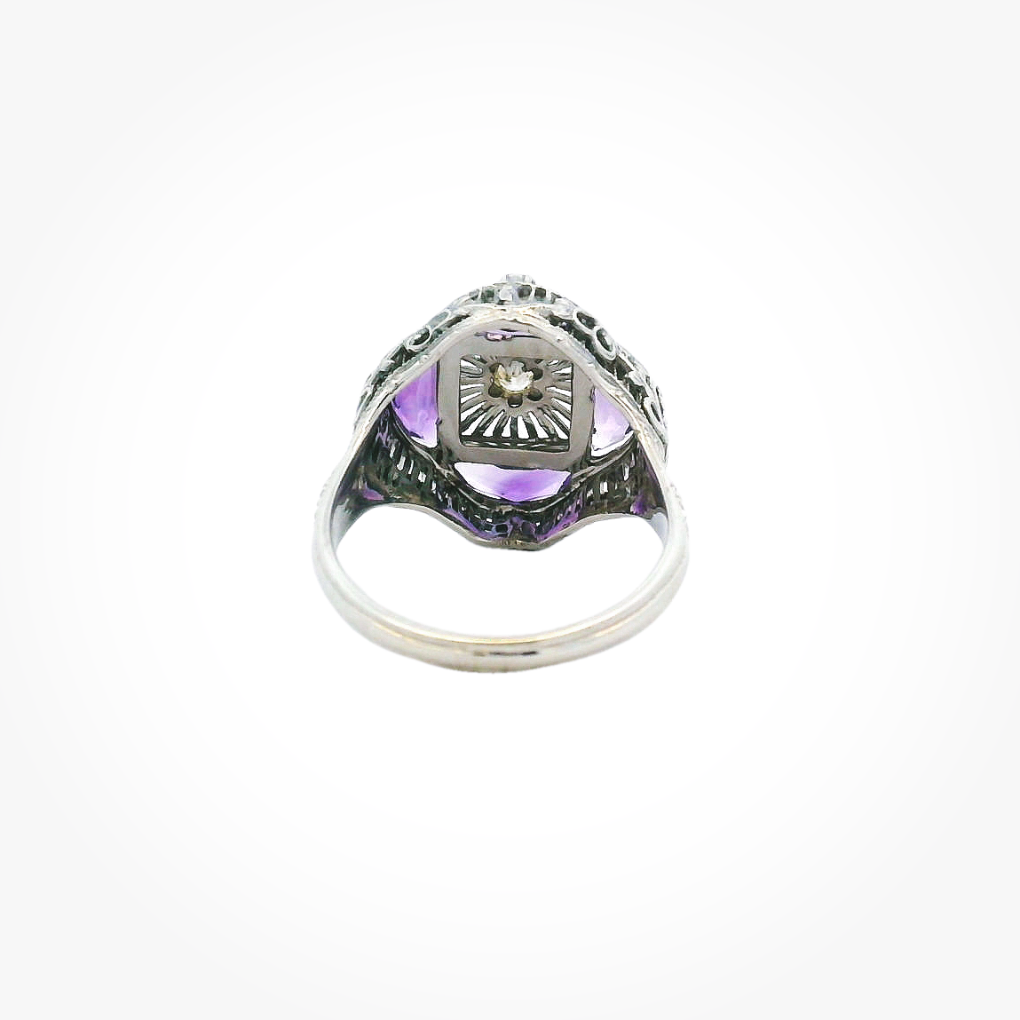 Vintage 14KWG Amethyst & Diamond Filigree Ring