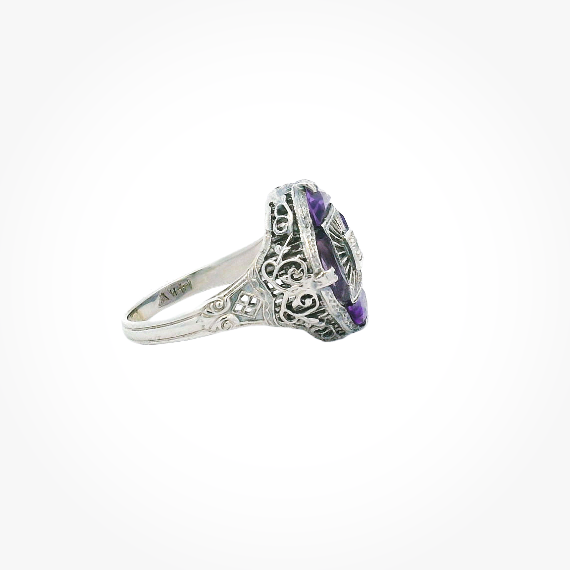 Vintage 14KWG Amethyst & Diamond Filigree Ring