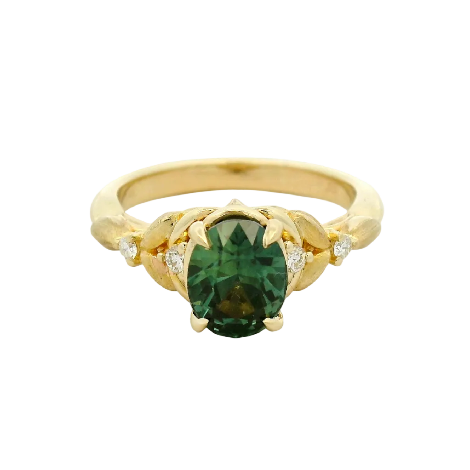 Oval Green Tourmaline Leaf Motif Ring in Yellow Gold