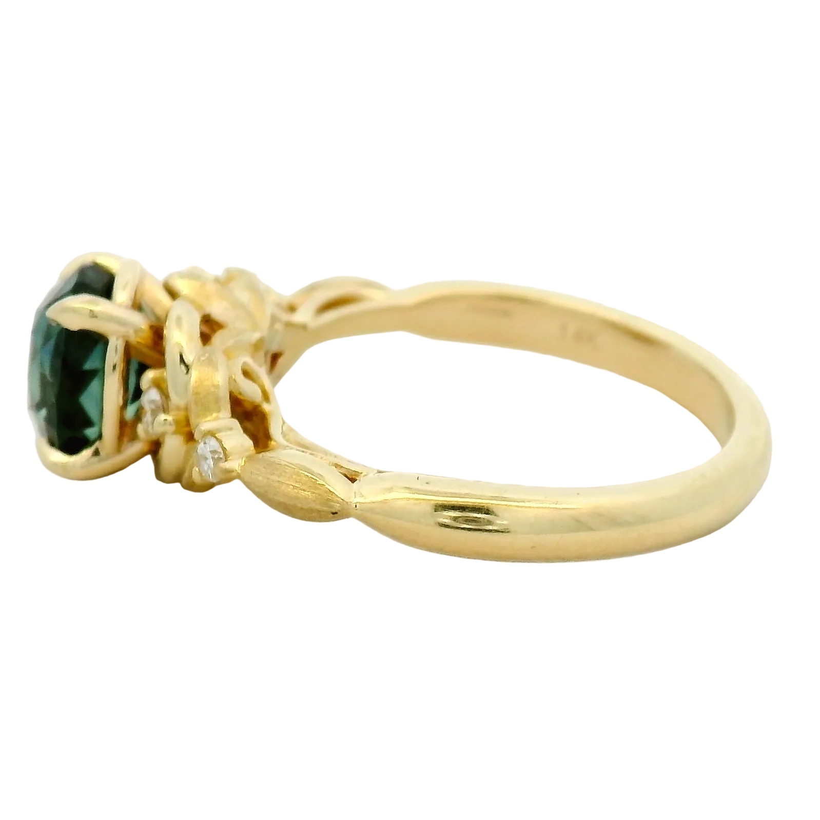 Oval Green Tourmaline Leaf Motif Ring in Yellow Gold