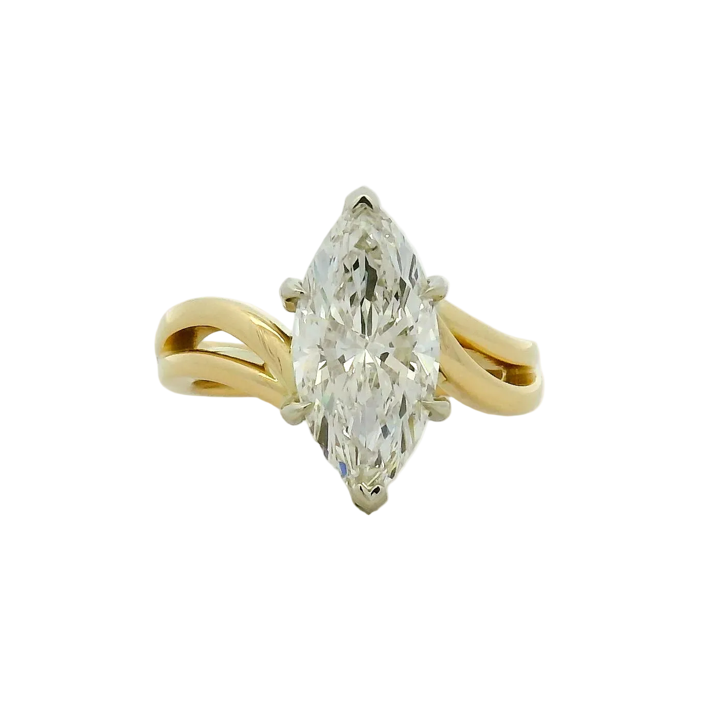 Marquise Diamond Split Shank Solitaire Ring in Yellow Gold