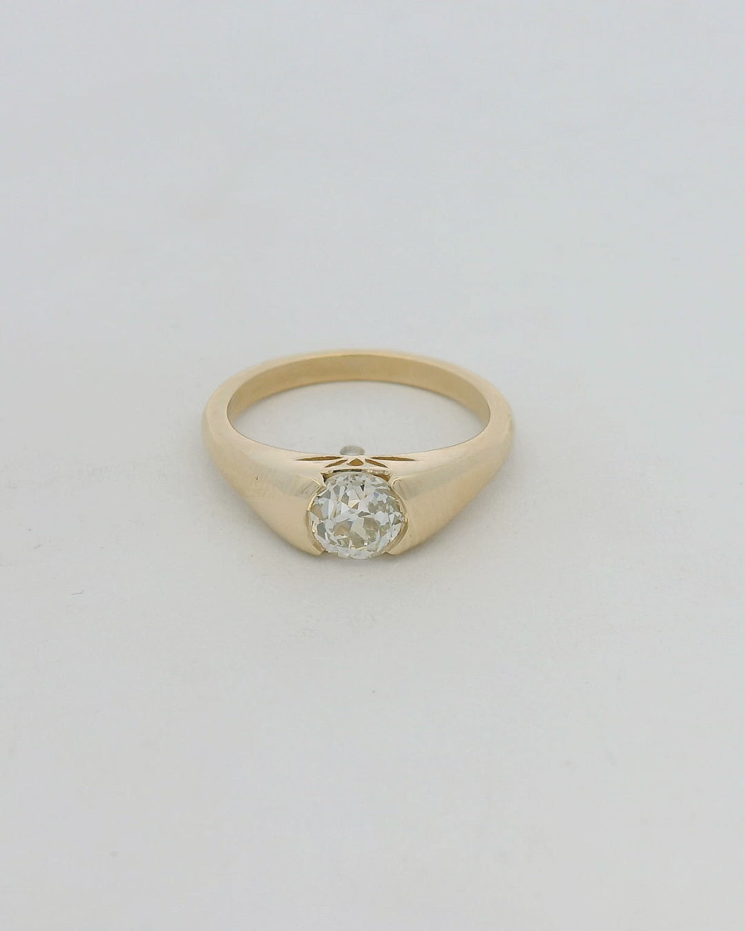 14KT yellow gold half bezel solitaire old mine cut dia engagement ring