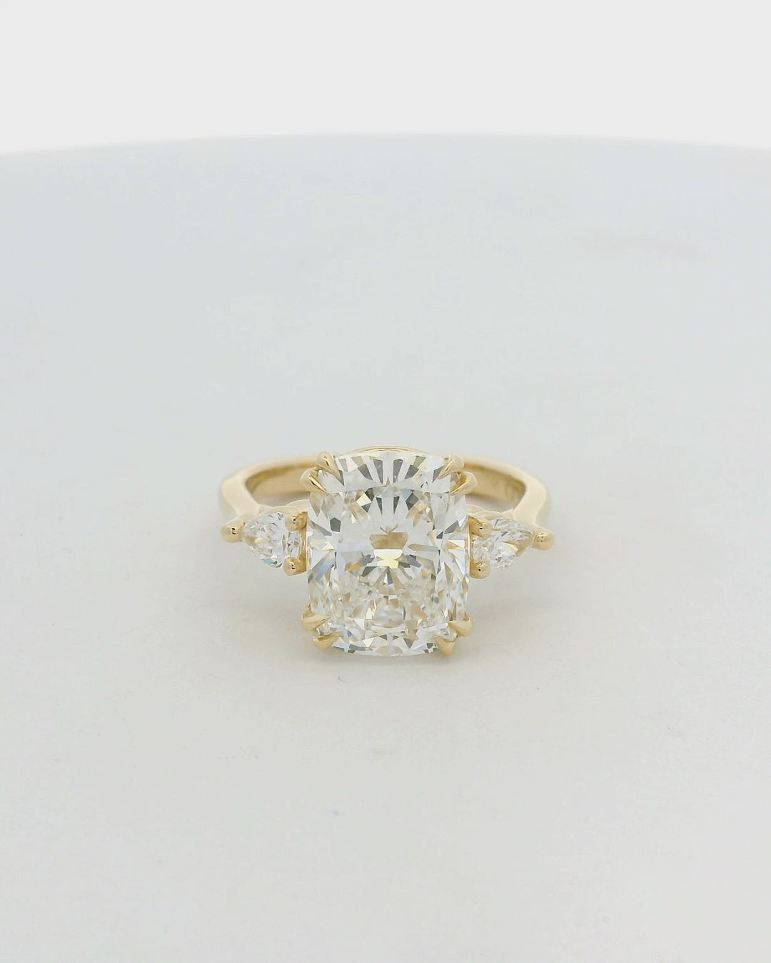 14KT Yellow Gold Three Stone Cushion Pear Engagement Ring