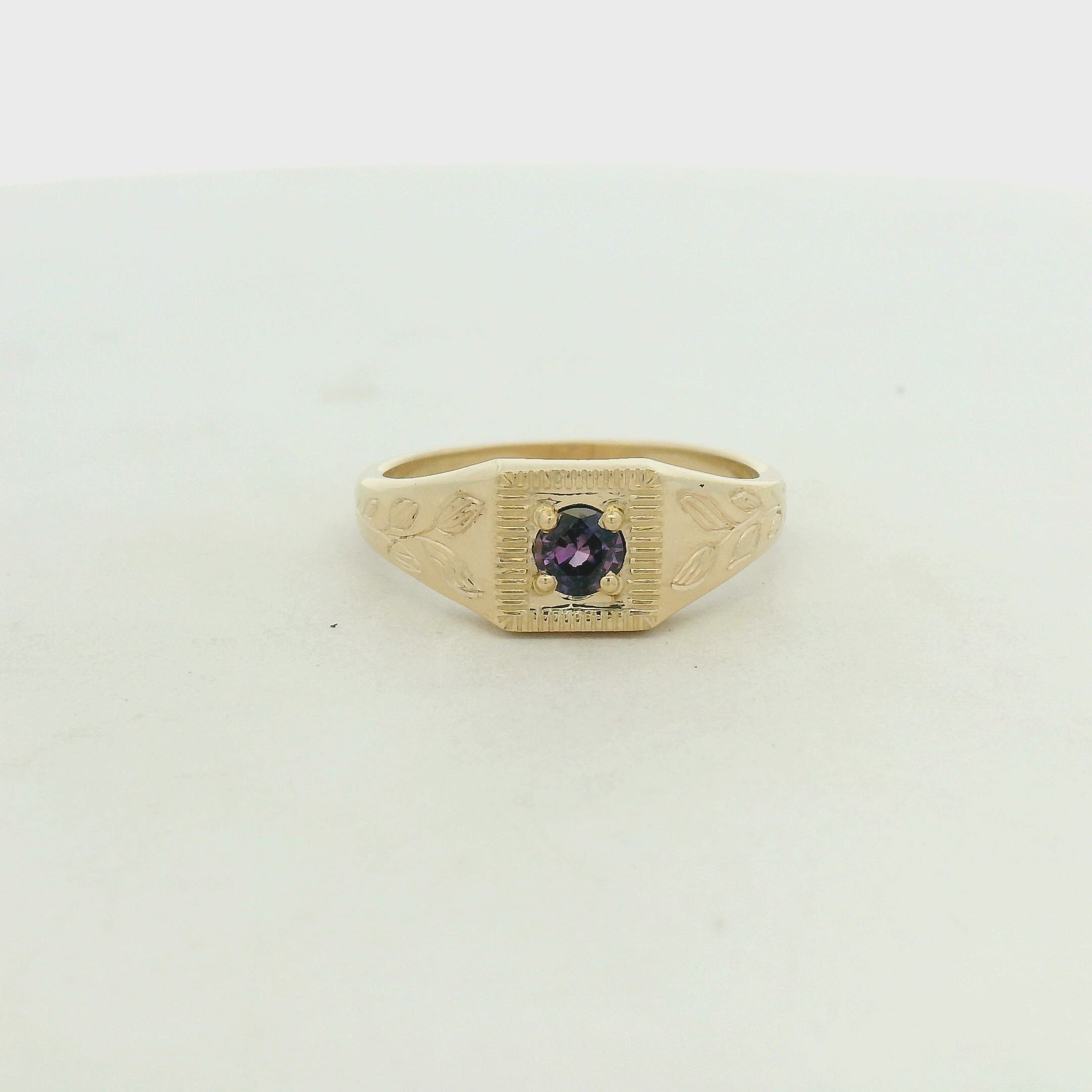 Yellow Gold Amethyst Signet Ring with Leaf Engraving