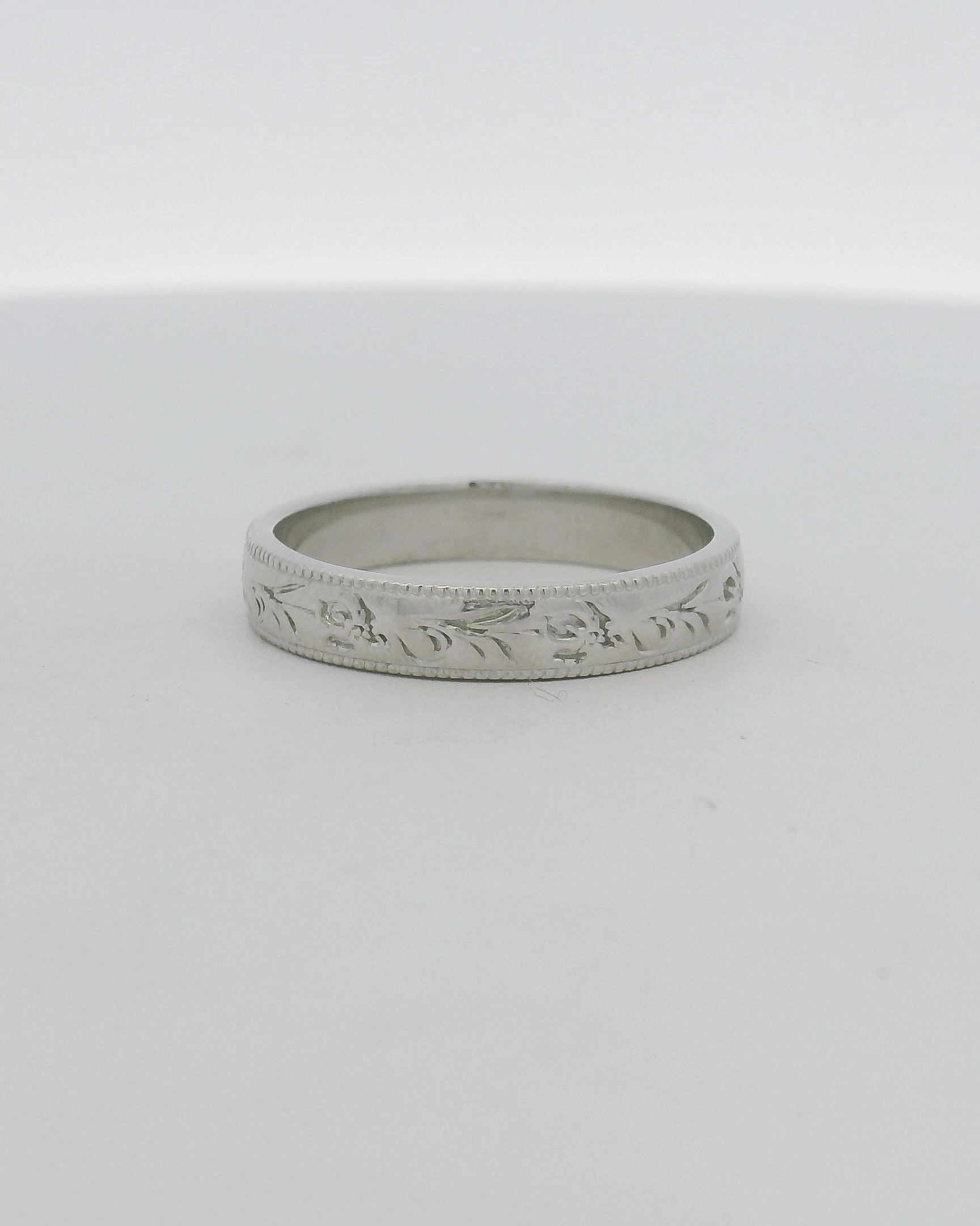 Engraved Floral Platinum Band Ring with Milgrain Edges