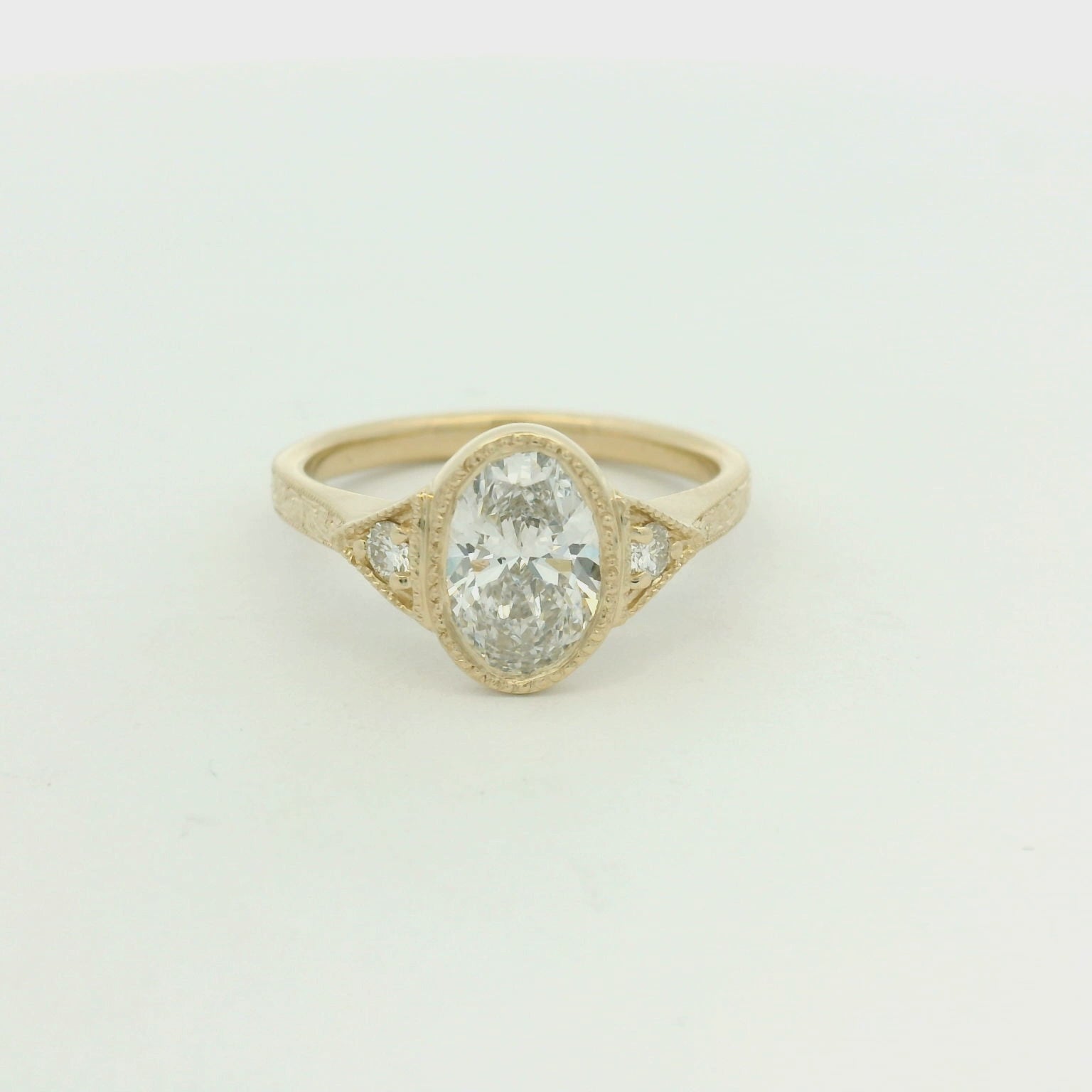 14K Yellow Gold Engraved 3 Stone Oval Engagement Ring