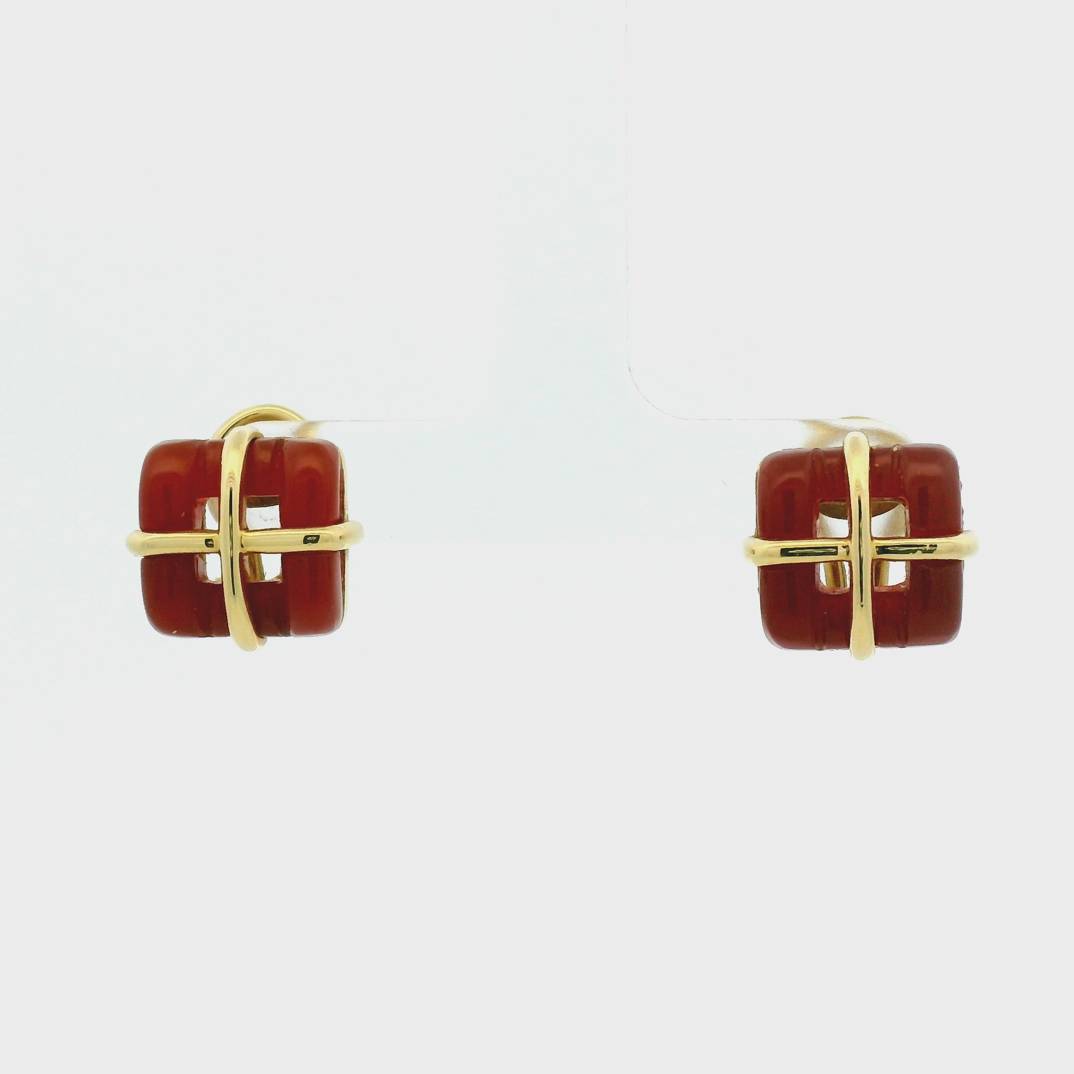 Yellow Gold Carved Square Agate Stud Earrings