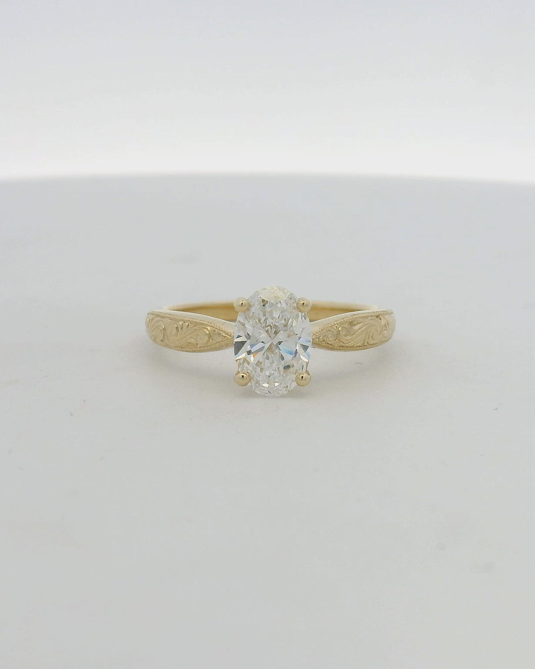 14KT yellow gold hand engraved oval diamond solitaire engagement ring