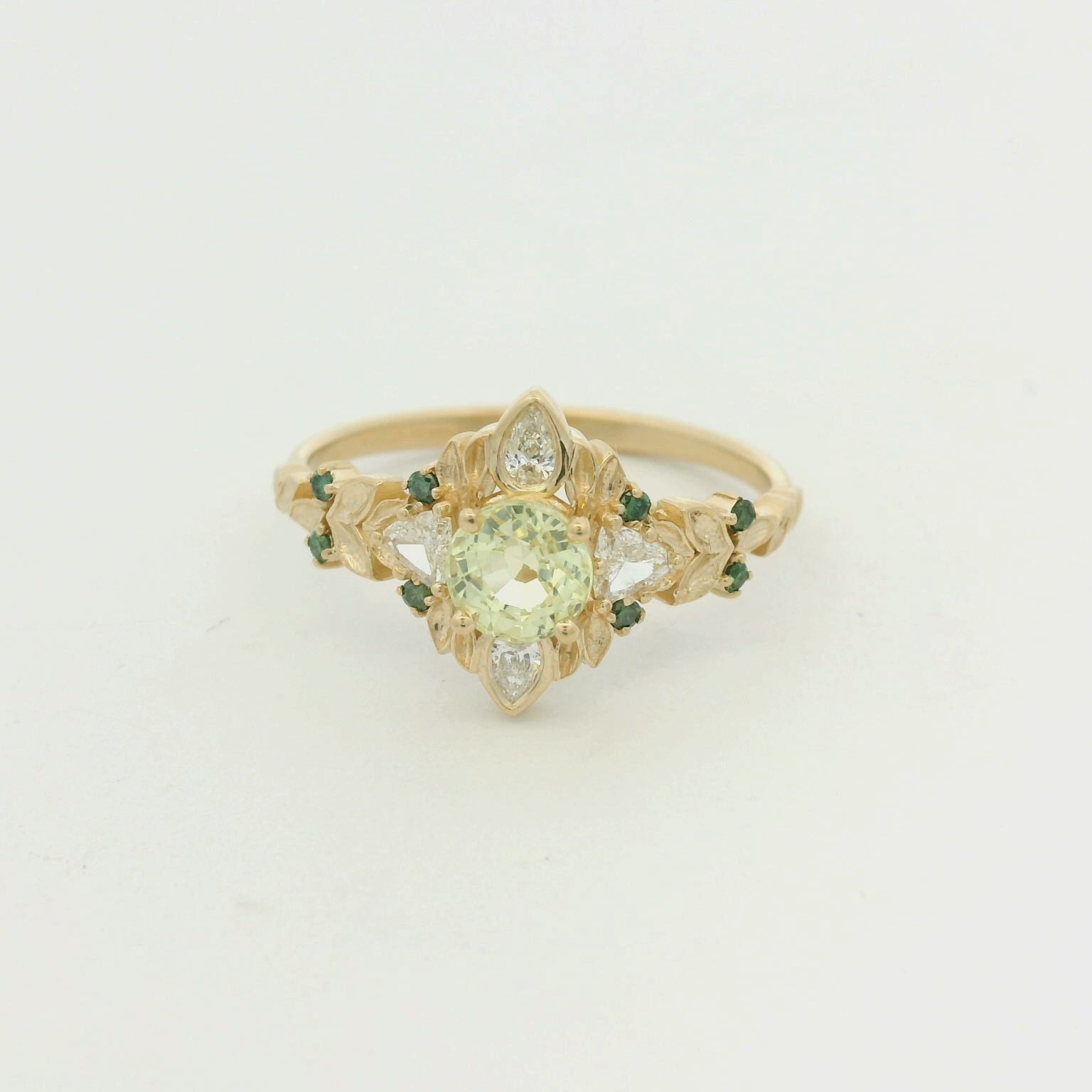 14K Yellow Gold Green Sapphire and Diamond Engagement Ring