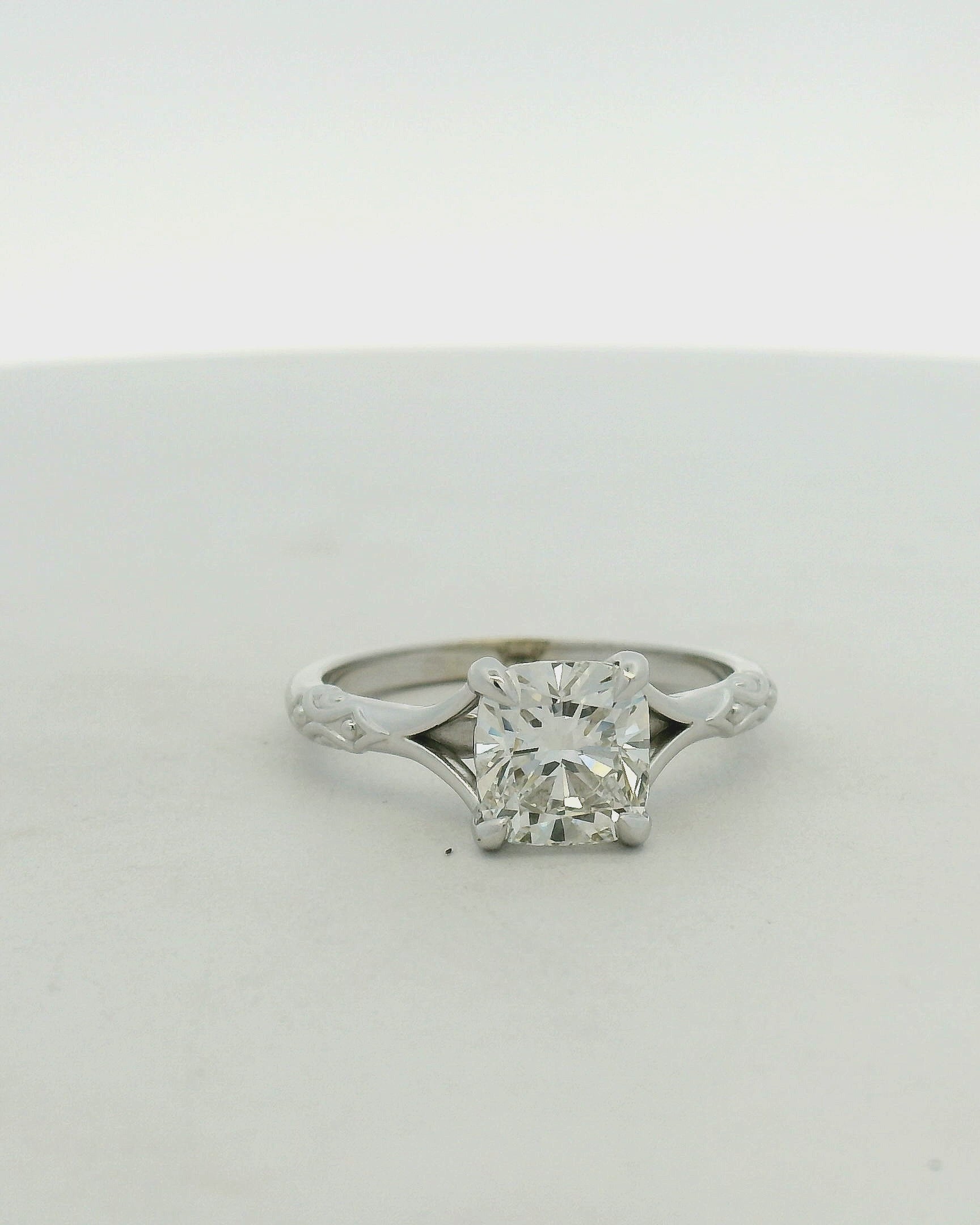 Cushion Cut Diamond Split Shank Solitaire Ring, White Gold
