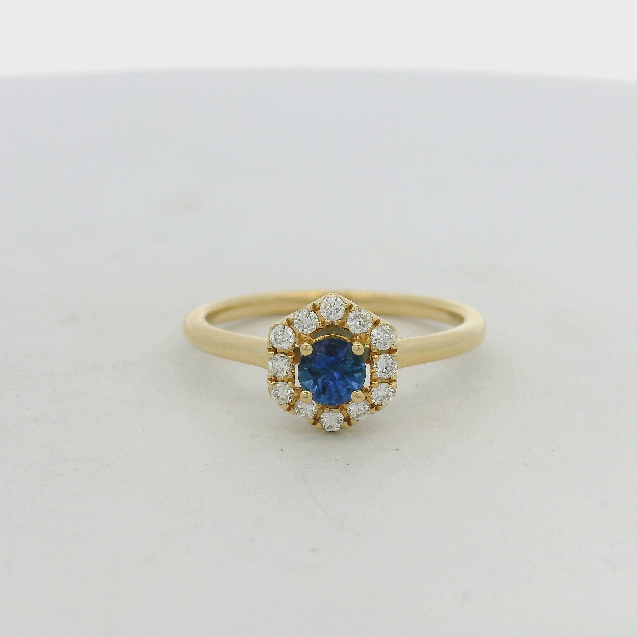 Yellow Gold Royal Blue Sapphire Hexagonal Halo Ring