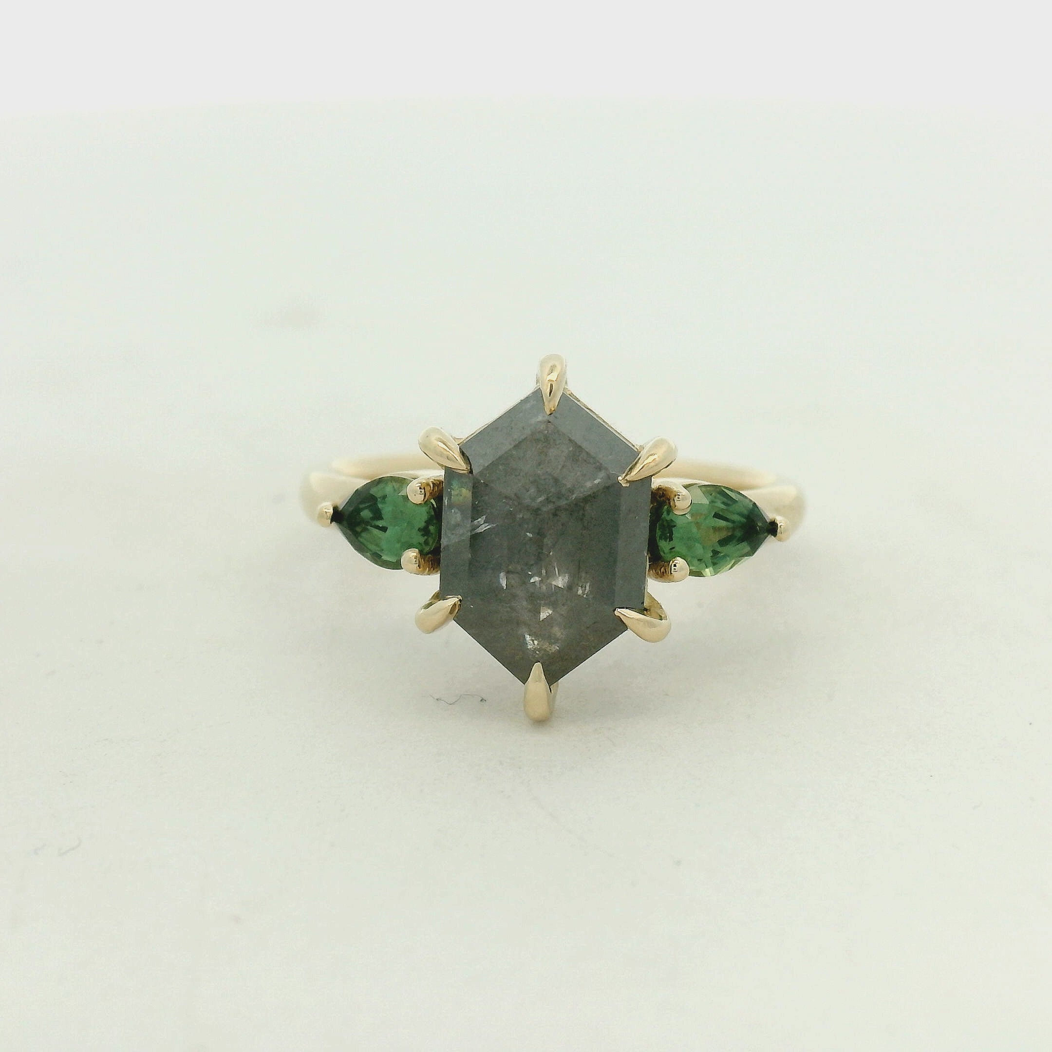 Hexagon Grey Center and Emerald Three-Stone Ring — Yellow Gold
