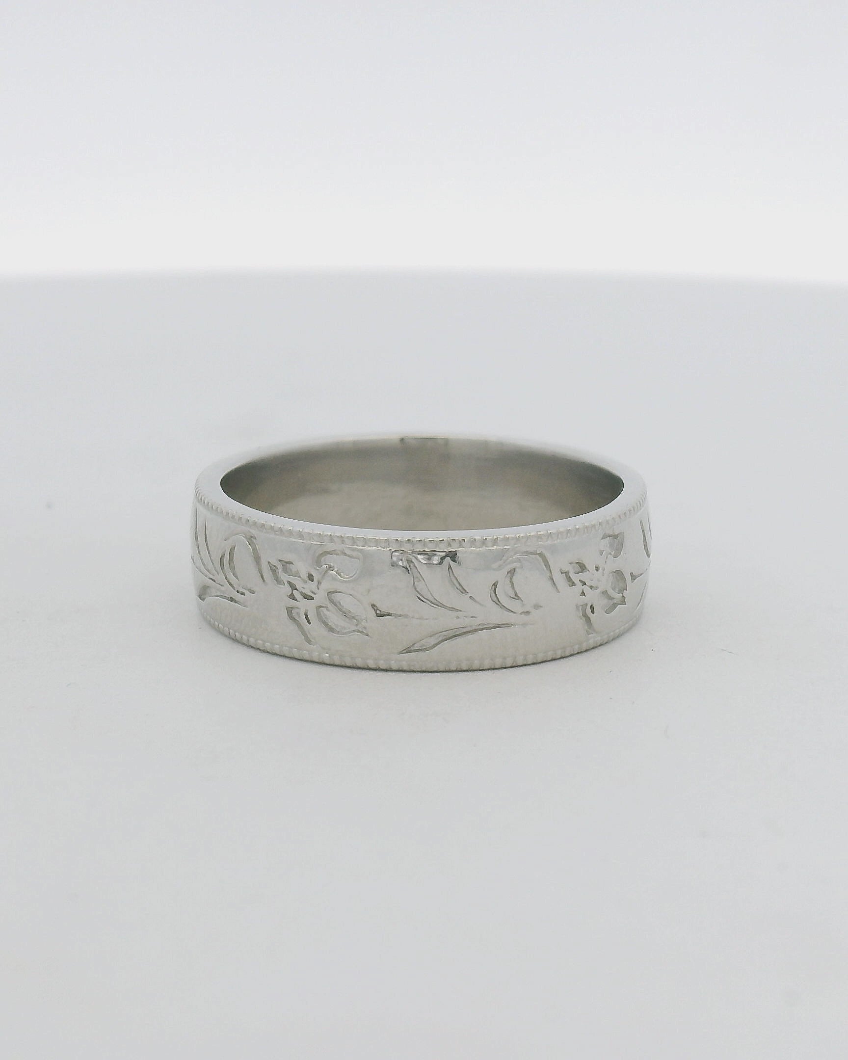 Floral Engraved Platinum Band Ring with Milgrain Edges