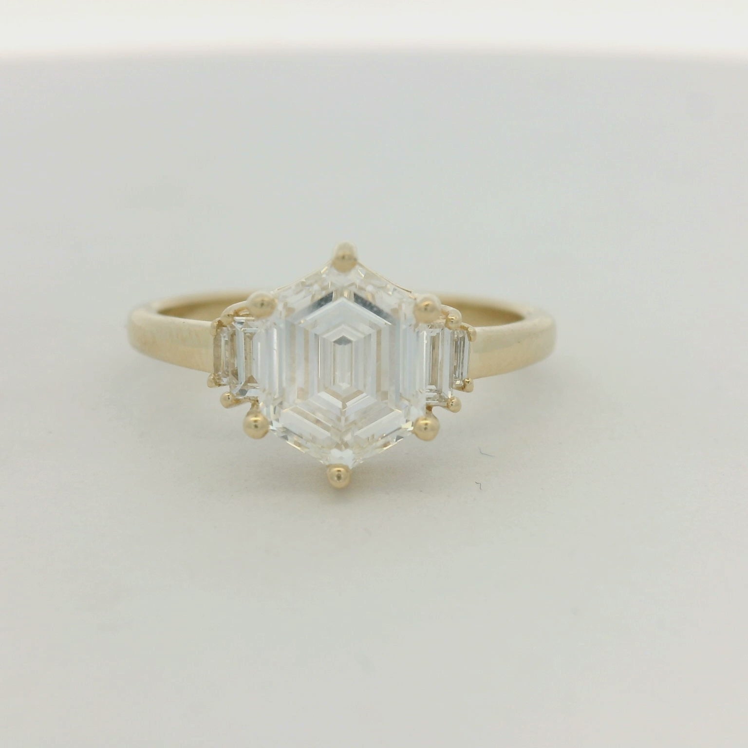 14K Yellow Gold Hexagon and Baguette Lab Grown Diamond Ring