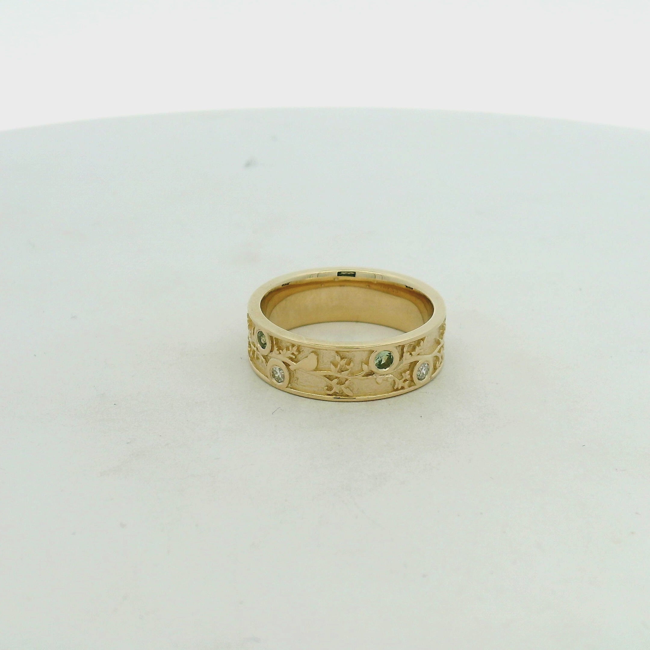 Yellow Gold Bird and Vine Motif Emerald Band Ring