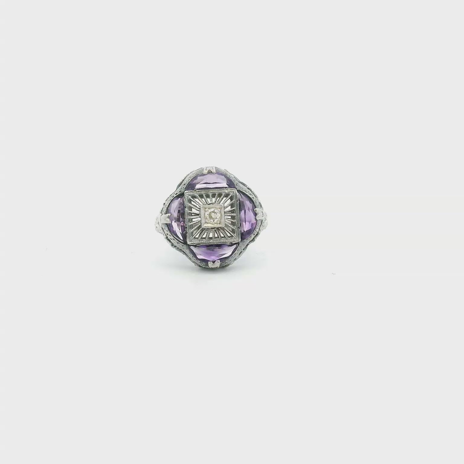 Vintage 14KWG Amethyst & Diamond Filigree Ring