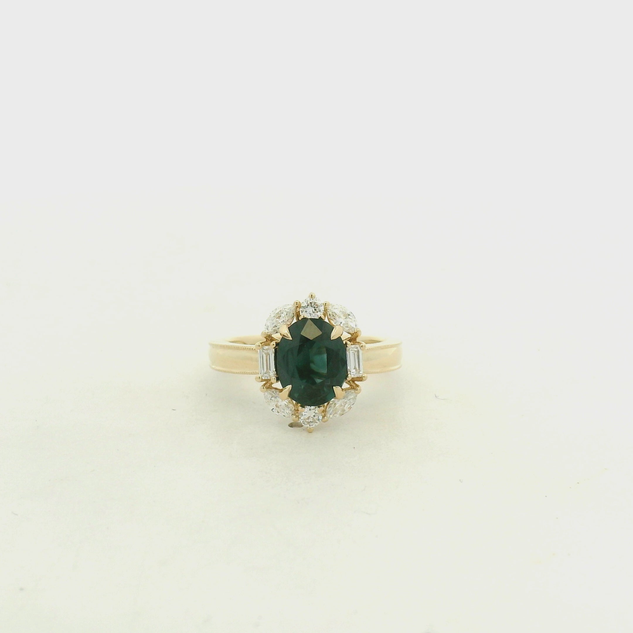 Yellow Gold Forest Green Sapphire Halo Cocktail Ring