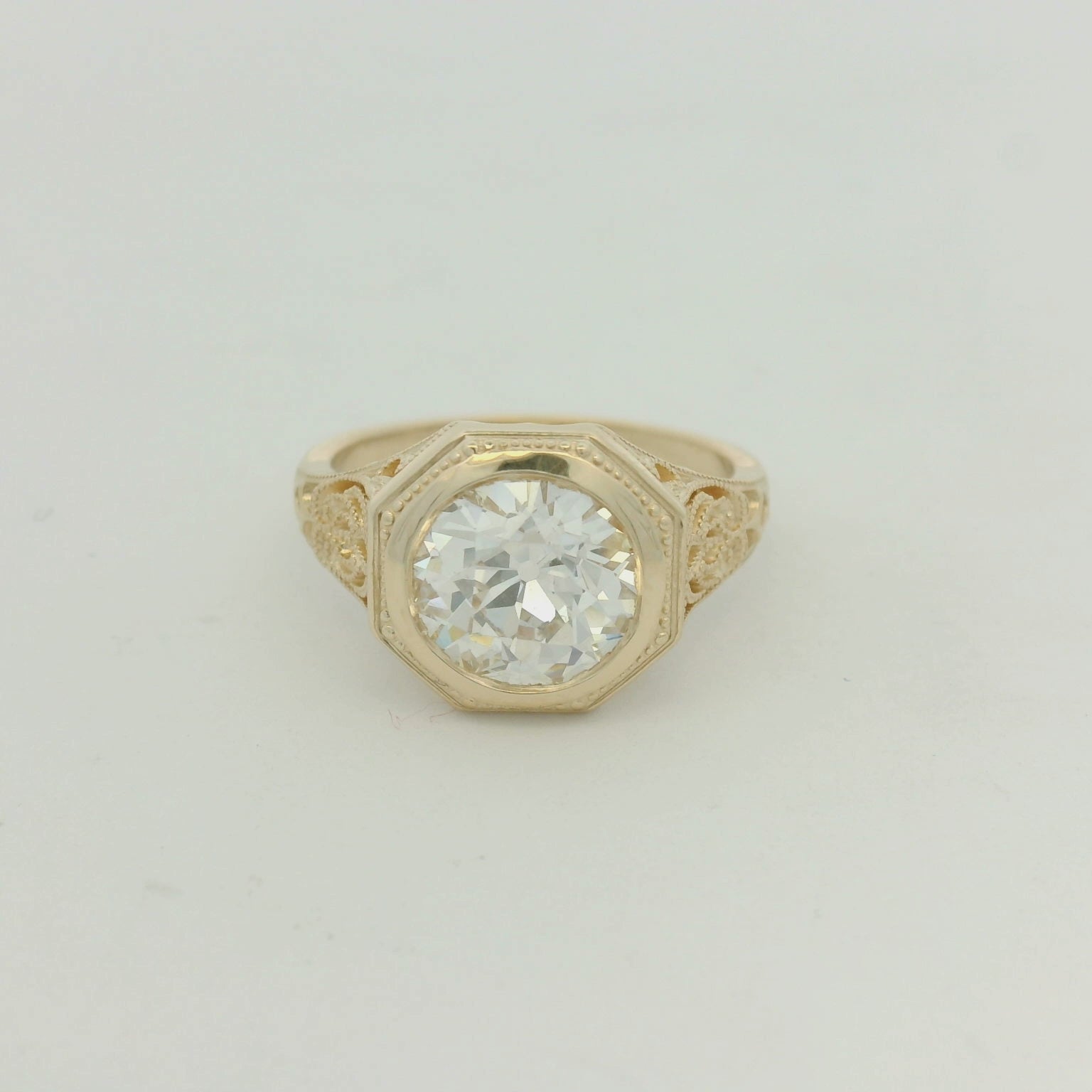 14KYG Bezel Set Engraved Round Engagement Ring