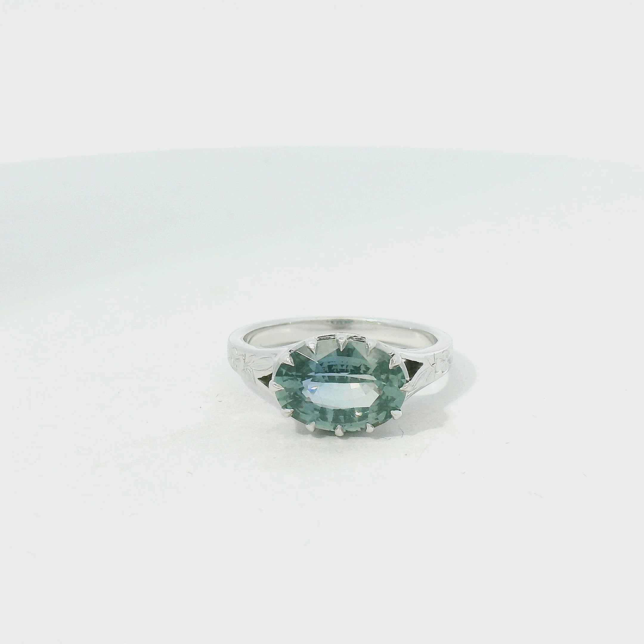 Mint Green Sapphire Solitaire Ring with Engraved White Gold Band