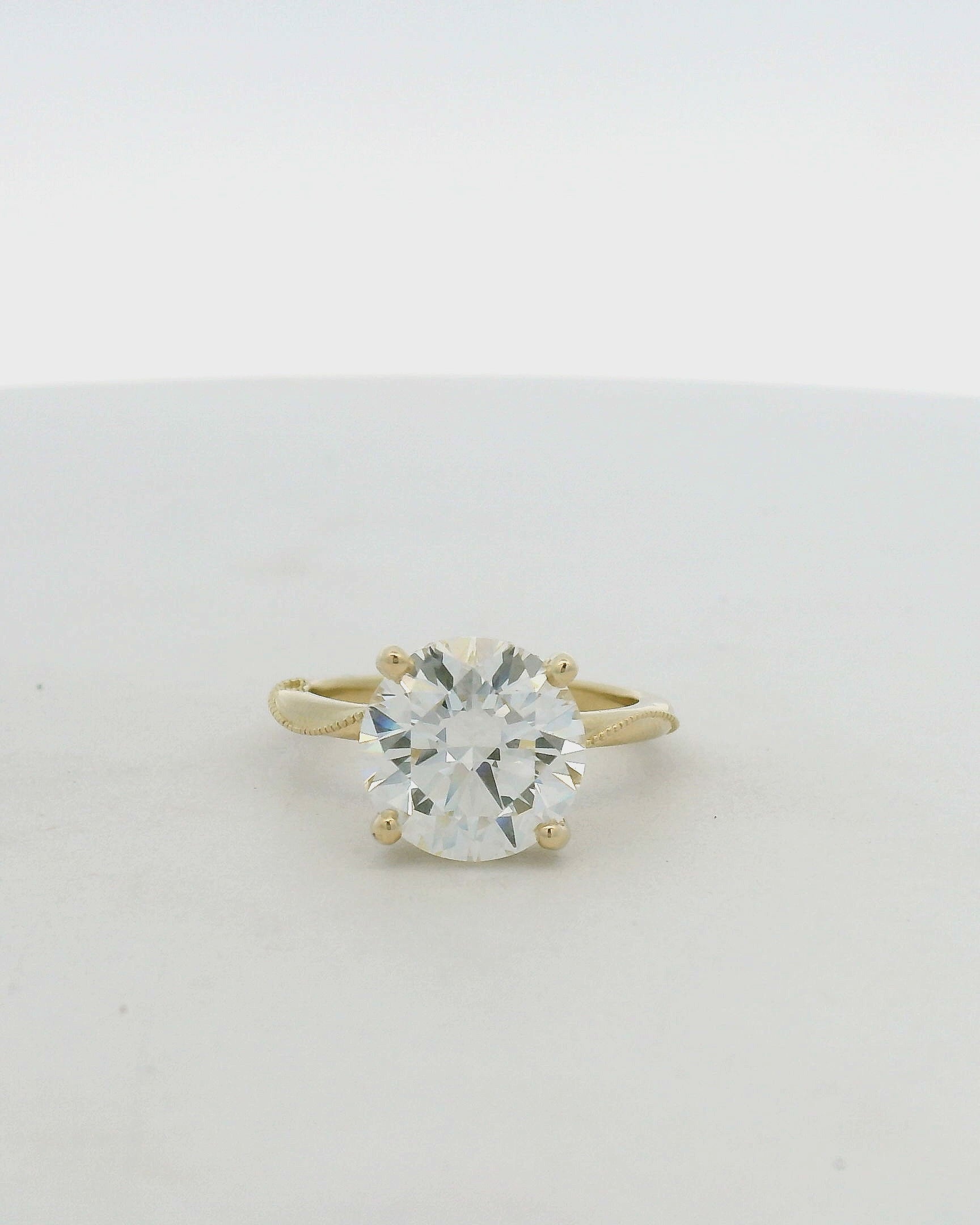 Yellow Gold Round Diamond Solitaire Ring with Milgrain Shoulders