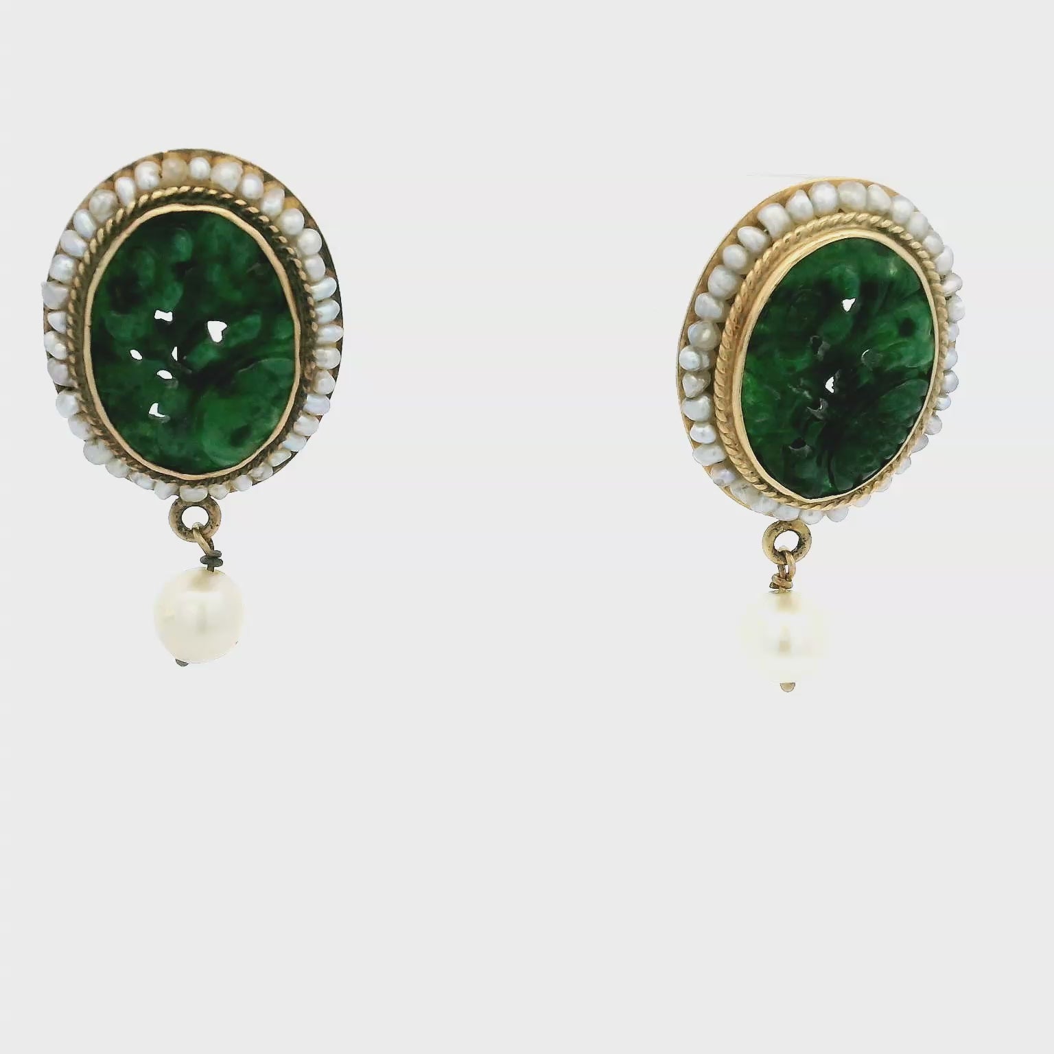14k Vintage Jade & Pearl Earrings