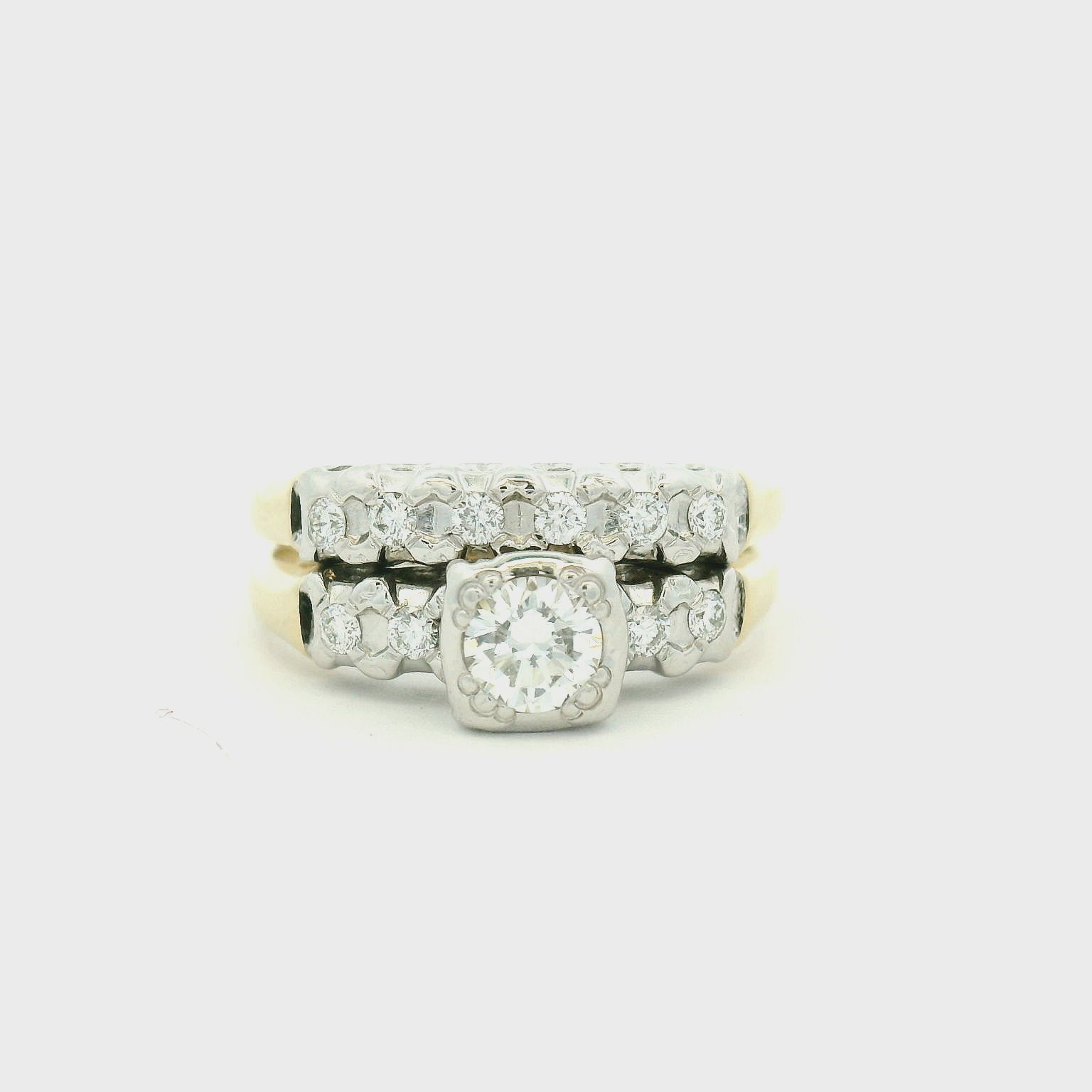 14K Two Tone Wedding set Yellow Gold Multistone Ring with Round Cut Diamonds