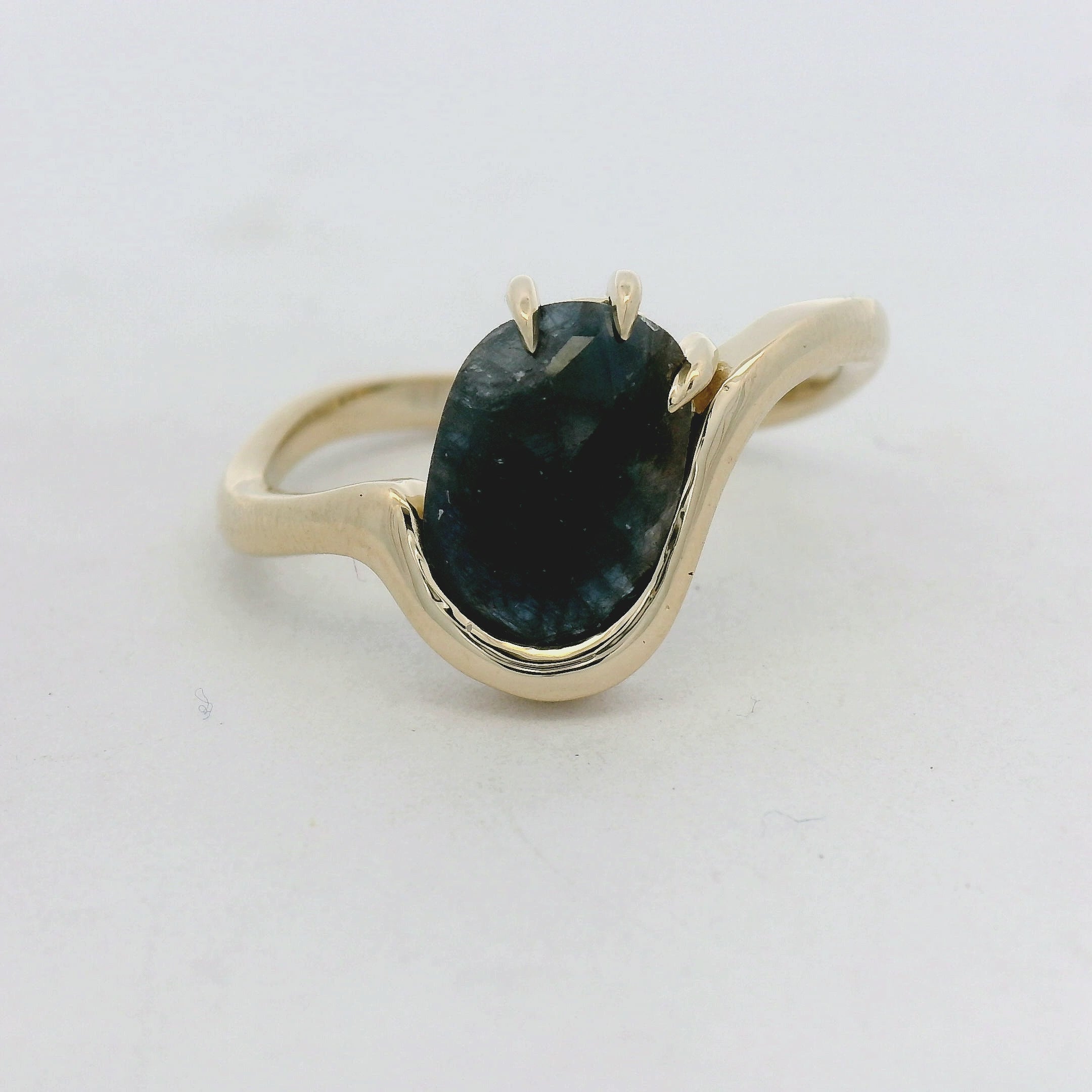 Yellow Gold Asymmetrical Forest Green Sapphire Rose Cut Ring