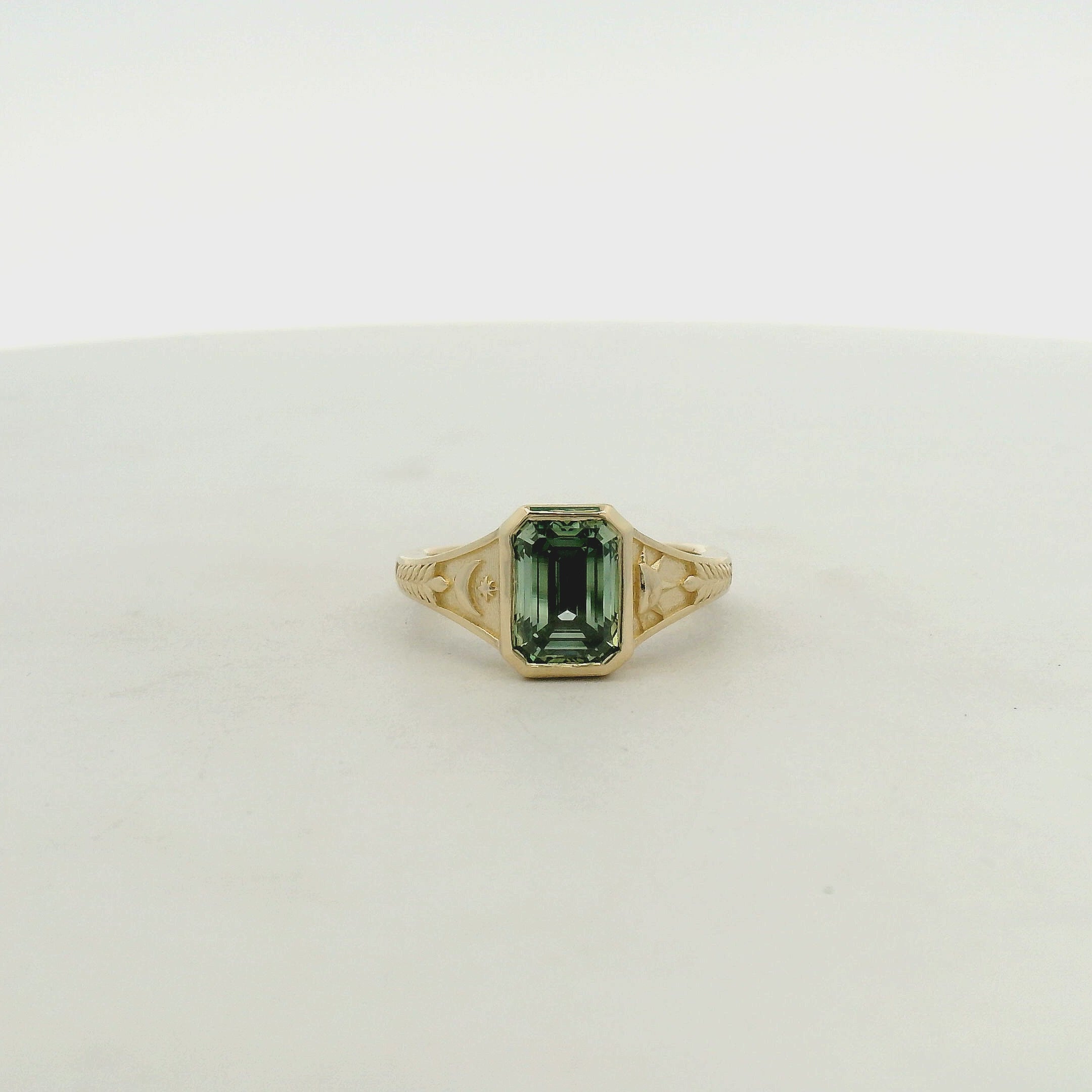 Celestial Engraved Yellow Gold Green Sapphire Solitaire Ring