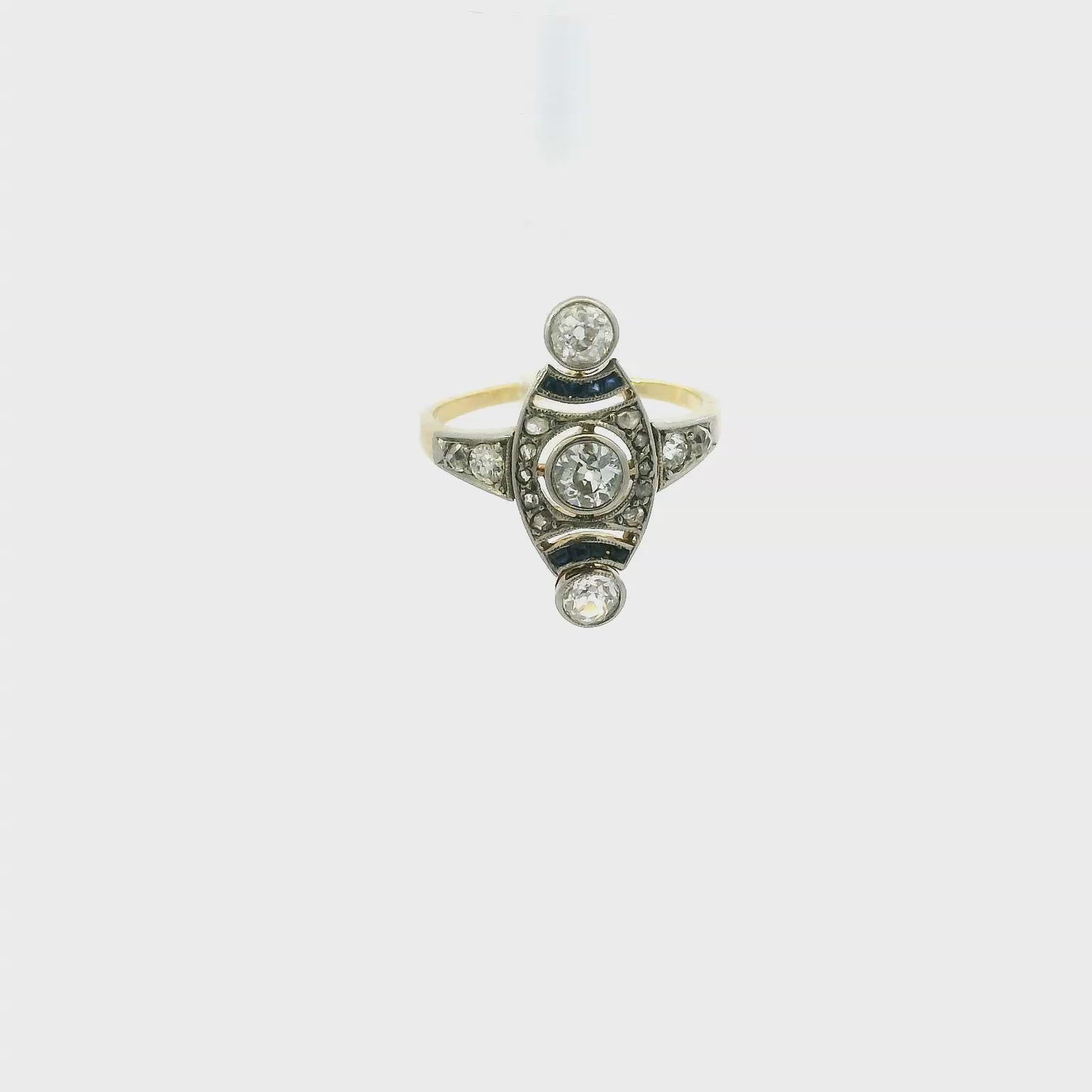 Vintage 18K Two Tone Diamond & Sapphire Ring