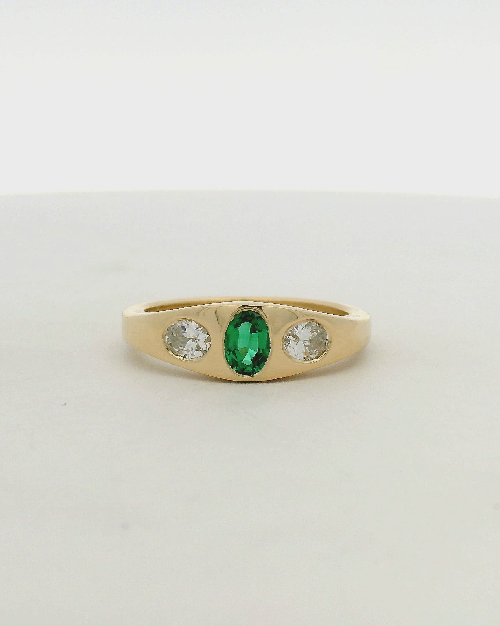 Yellow Gold Flush Set Oval Emerald Multistone Ring