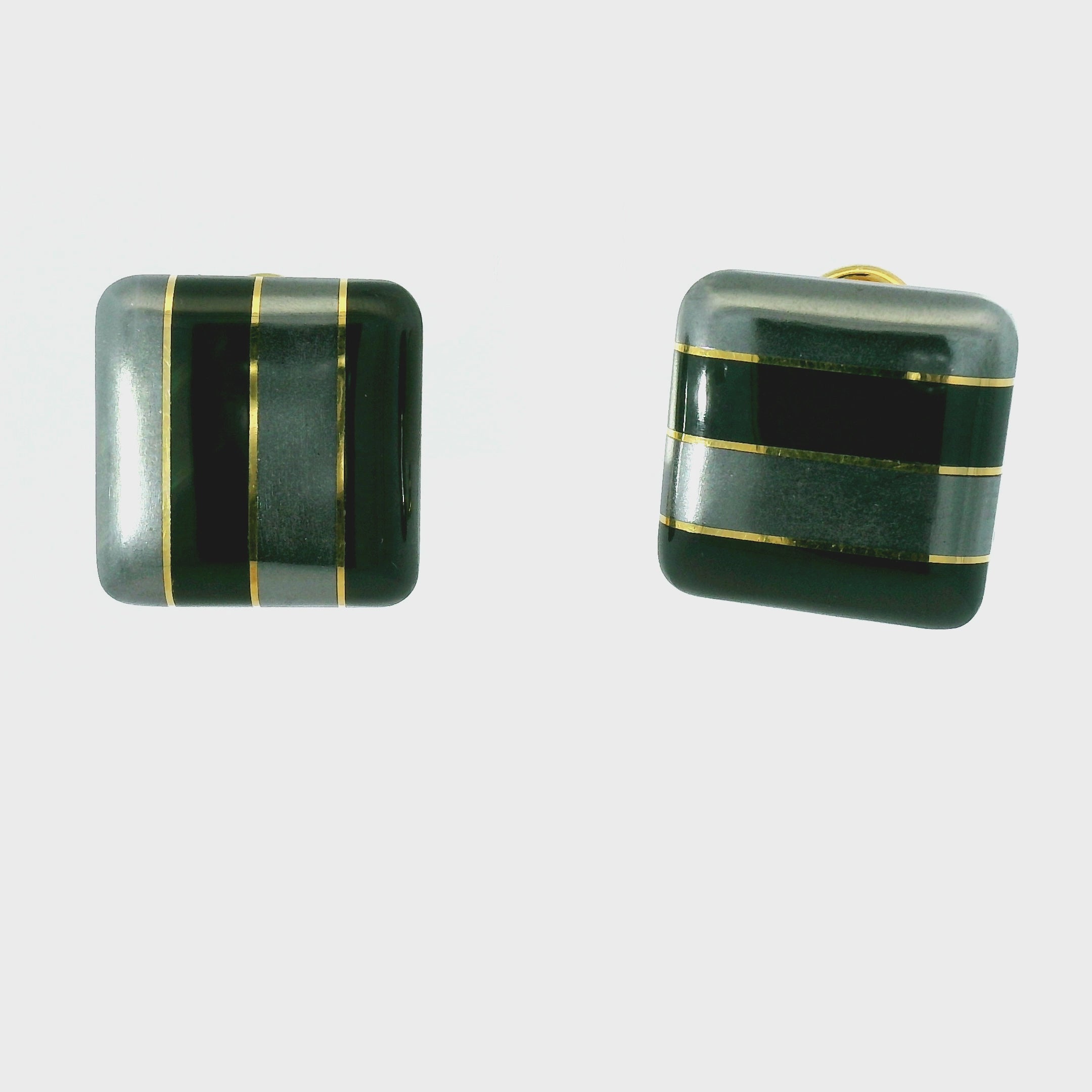 Square Striped Black and Grey Cufflinks with Gold-Tone Accents