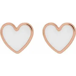 14K Rose Gold White Enamel Heart Earrings